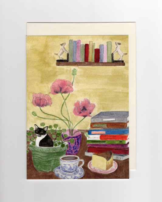 Cat and Books Greeting Card