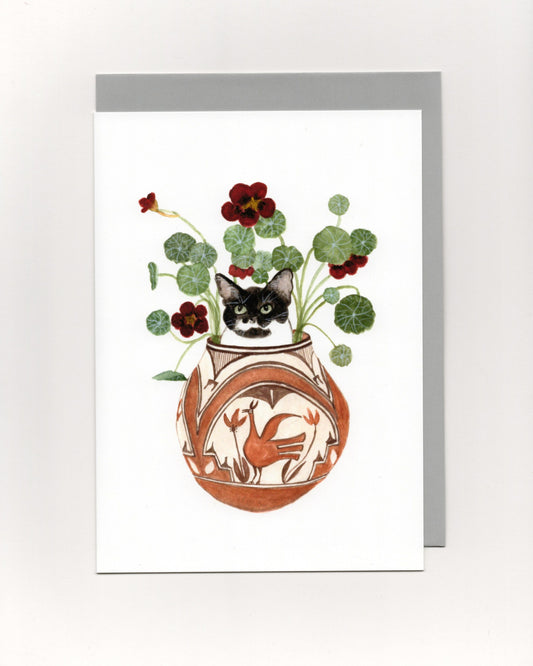 Tuxedo Cat in Flower Pot Greeting Card
