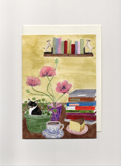 Cat and Books Greeting Card
