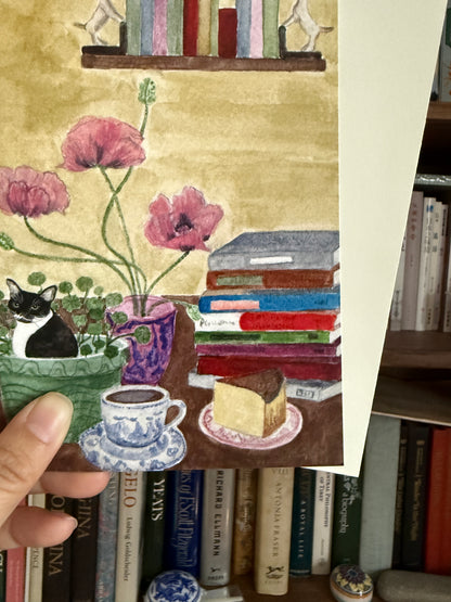 Cat and Books Greeting Card