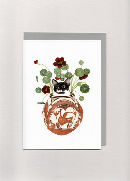 Tuxedo Cat in Flower Pot Greeting Card