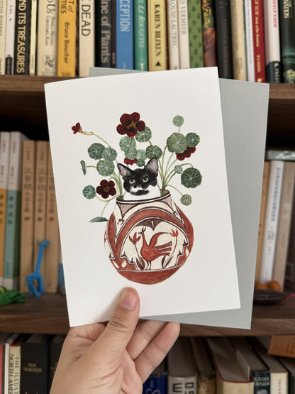 Tuxedo Cat in Flower Pot Greeting Card