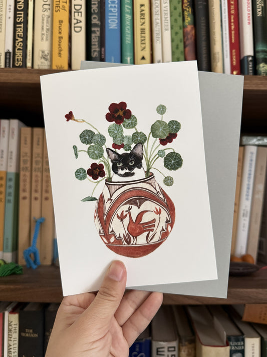 Tuxedo Cat in Flower Pot Greeting Card