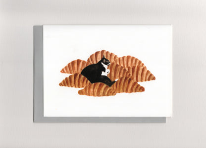Cat on Croissants Greeting Card