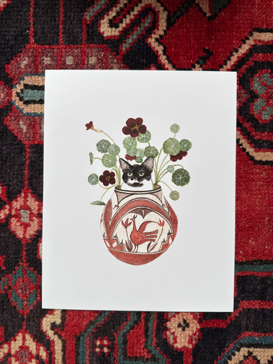 Tuxedo Cat and Nasturtiums Print