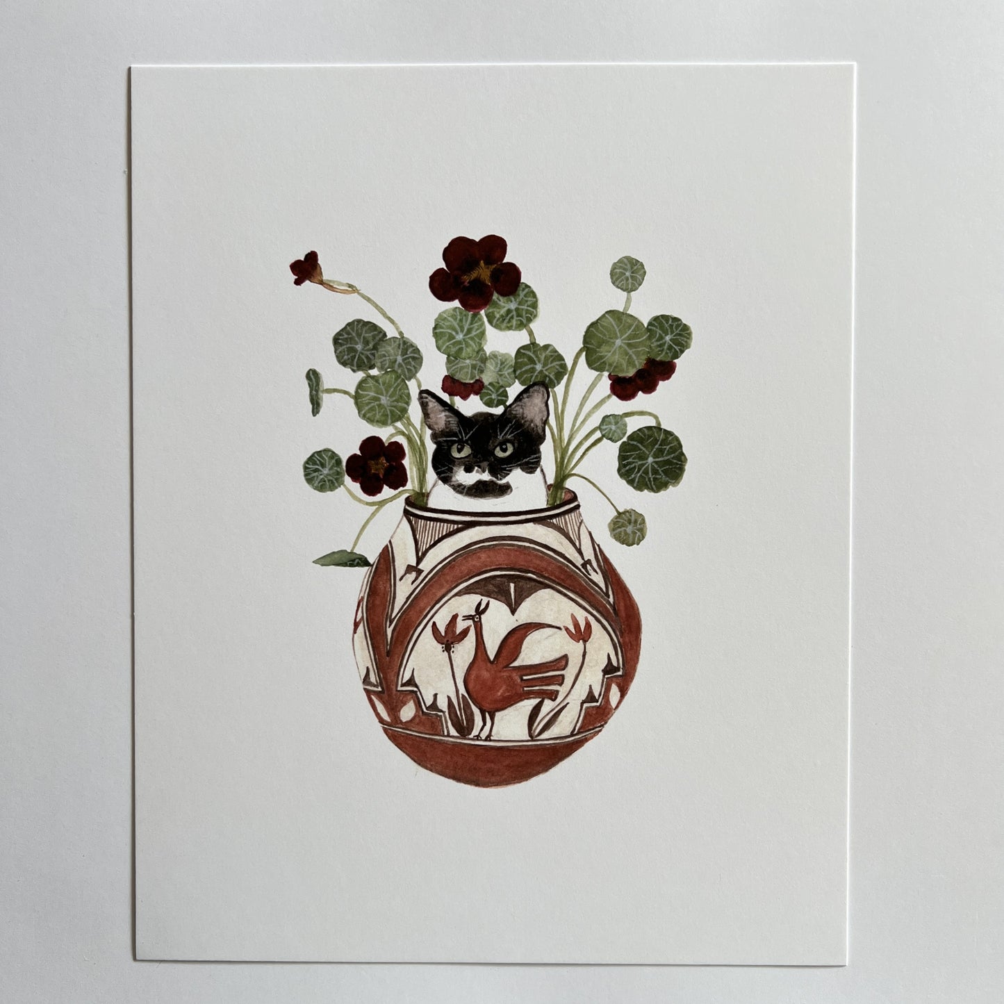 Tuxedo Cat and Nasturtiums Print