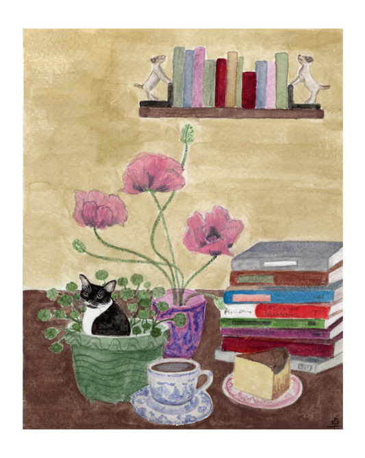 Cat and Books Print