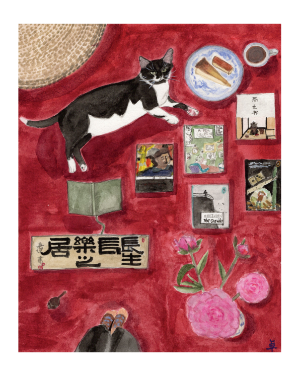 Cat and Books on Carpet Print