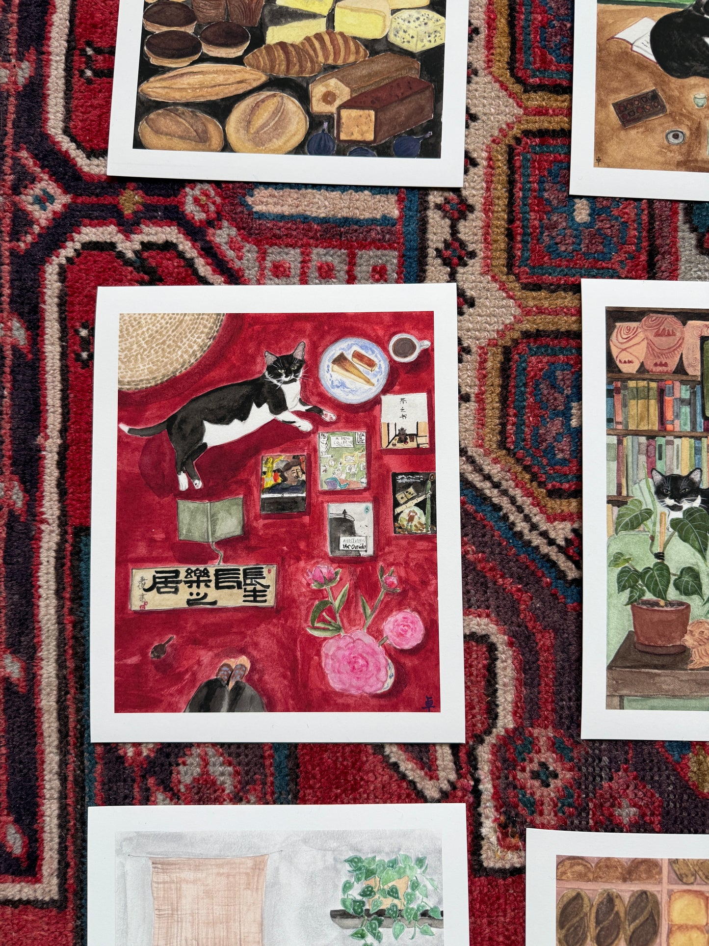 Cat and Books on Carpet Print