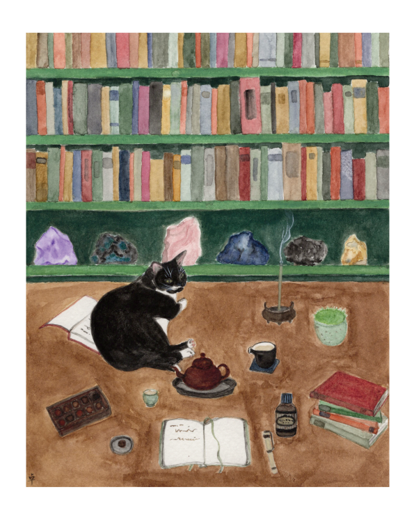 Cat, Books and Crystals Print