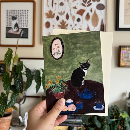 Cat and Cream Tea Greeting Card