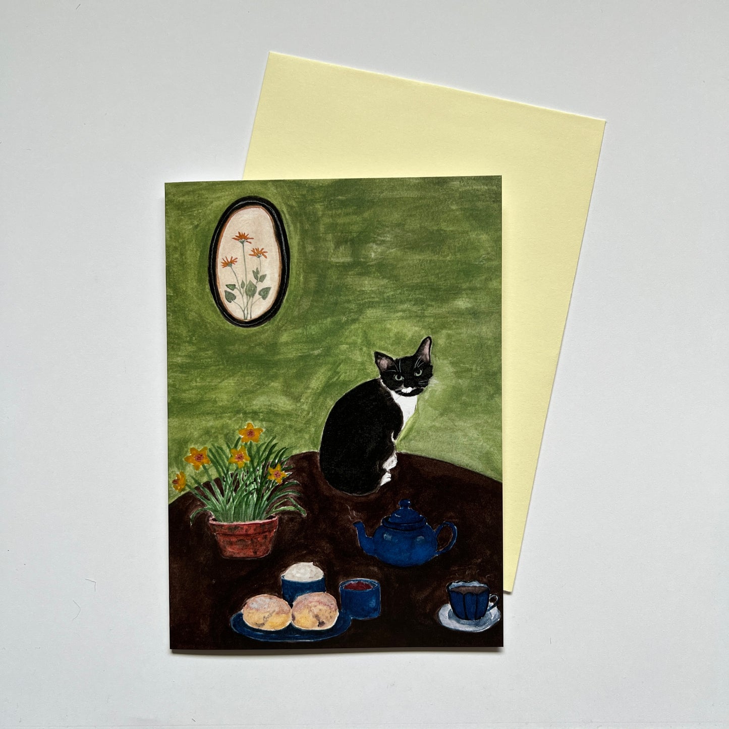 Cat and Cream Tea Greeting Card