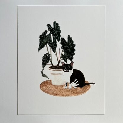 Tuxedo Cat and Alocasia Print